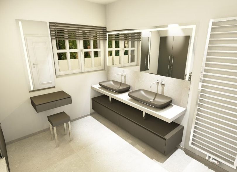 Penthouse an der Alster - Modernes Badezimmer mit Doppelwaschbecken und großzügigem Spiegel